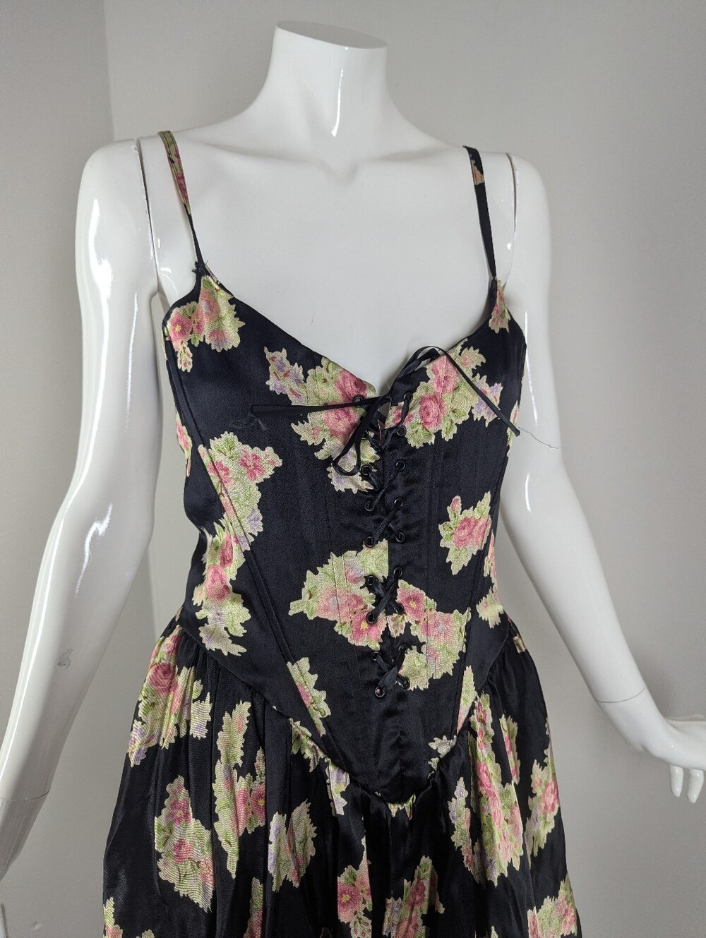 Vintage Betsey Johnson Floral Corset Mini Dress Made in USA Black Rose Lace Up M - Picture 4 of 16